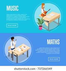 Music and maths studying at school isometric 3D posters. Young people sitting at table in classroom and doing homework. Individual education concept, student in audience vector illustration.