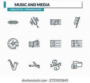 music and media icons set - harmonica, diapason, quaver, stave, image archive outline vector collection.
