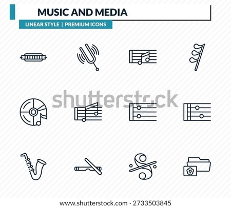 music and media icons set - harmonica, diapason, quaver, stave, image archive outline vector collection.