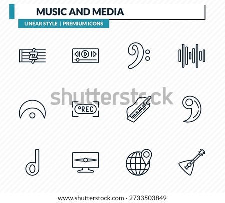 music and media icons set - sharp, music player tings, clef, breath mark, balalaika outline vector collection.