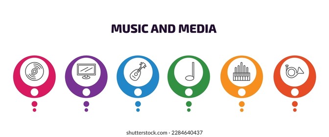 music and media infographic template with icons and 6 step or option. music and media icons such as cd, television screen off, mandolin, crotchet, organ, french horn vector. can be used for banner,