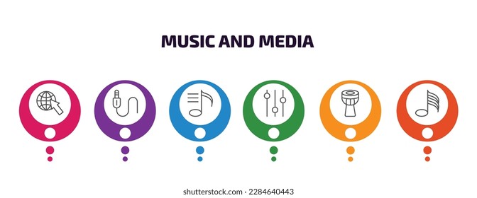 music and media infographic template with icons and 6 step or option. music and media icons such as globe with pointer, jack connector, playlist, music player tings, timpani, hemidemisemiquaver