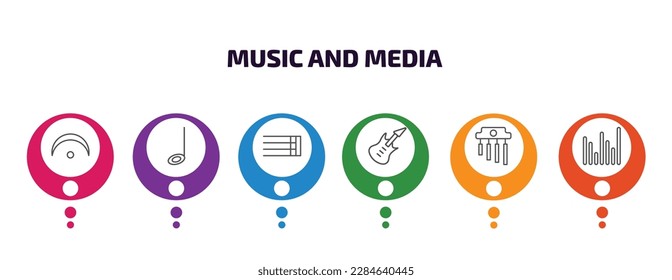 music and media infographic template with icons and 6 step or option. music and media icons such as fermata, half note, bold double bar line, bass guitar, chimes, sound bars vector. can be used for