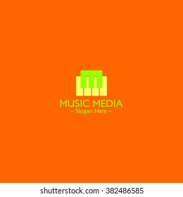 Music media piano shape logo music media design template, vector design. Best use for store, application, shop, publication, advertisement, concert, contest, competition. orange background
