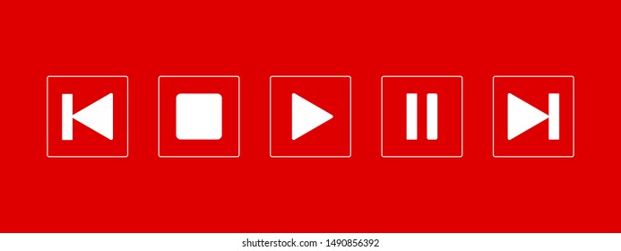 Music or Media Player Icons with Square Shape Combination and Red Background. Five White Music Player icon design included Play, Pause, Stop, Next and Previous button