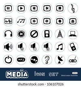 Music and media web icons set. Hand drawn sketch illustration isolated on white background