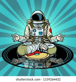 Music For Meditation And Yoga. Astronaut Meditates. Pop Art Retro Vector Illustration Vintage Kitsch