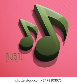 Music Melody Poster Design with 3D Green Quaver Notes on Pastel Red Stripe Pattern Background.