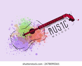 Music Melody Poster Design with Abstract Guitar Illustration on Pastel Purple Background.