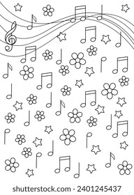 Music, melody, song, sheet music, flowers and stars. Background, coloring page, black and white vector illustration.