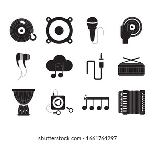 music melody sound audio icons set vector illustration silhouette style icon