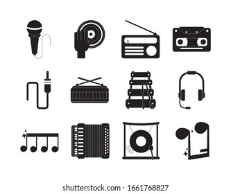 music melody sound audio icons set vector illustration silhouette style icon