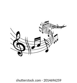 Music melody wave on notes staff with clef treble, vector. Classic music concert, orchestra, symphonic or philharmonic musical notes wave on scale stave or music staff background