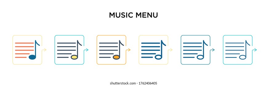Music menu vector icon in 6 different modern styles. Black, two colored music menu icons designed in filled, outline, line and stroke style. Vector illustration can be used for web, mobile, ui