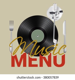 Music menu with vinyl, knife,fork background concept. Vector