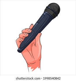 Music. Microphone in hand. A tool for increasing the sound. Cartoon style. Vector illustration for design and decoration.