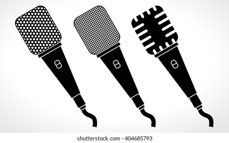 Music microphone set - flat web icon . Technology object sign concept - mic with short cable collection. Black silhouette design, vector art image illustration, isolated on white background eps10