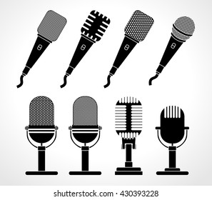 Music microphone set - flat web icon . Old studio and radio mic and mike with short cable - sign collection. Black silhouette design, vector art image illustration, isolated on white background eps10