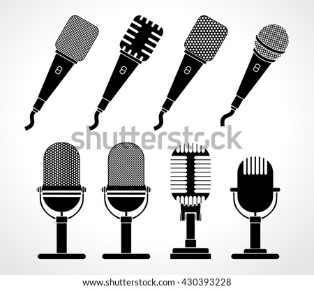 Music microphone set - flat web icon . Old studio and radio mic and mike with short cable - sign collection. Black silhouette design, vector art image illustration, isolated on white background eps10