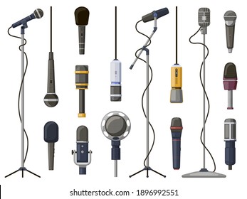 Music microphones. Studio sound, broadcast, or music record equipment, music record technology. Microphone for audio broadcast vector illustration set. Mic for karaoke singing and performance