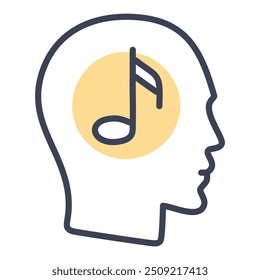 Música en el icono de la mente. Un simple icono de una cabeza con una nota musical en el interior, que representa la apreciación de la música y el pensamiento.