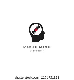 music mind logo design. human head combine with vinyl disc cassette logo concept