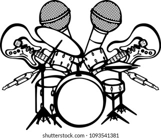 music mirrored vector image with guitars, headphone jacks, microphone and drums