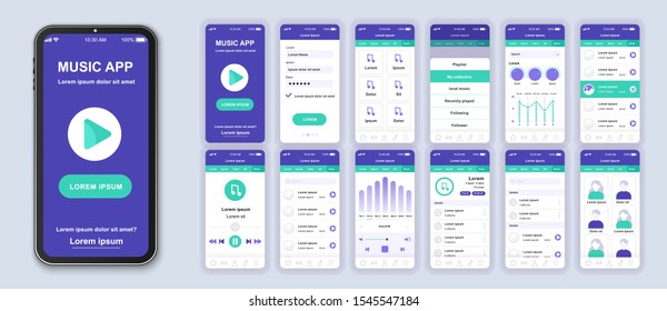 Music mobile app interface design vector templates set. Musical albums. Online audio playlist. Smartphone web page layout kit . Pack of UI, UX, GUI screens for application. Phone display