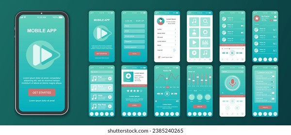 Music mobile app interface screens template set. Online account, playlist, song rating, audio play, equalizer settings, broadcasting. Pack of UI, UX, GUI kit for application web layout. Vector design.