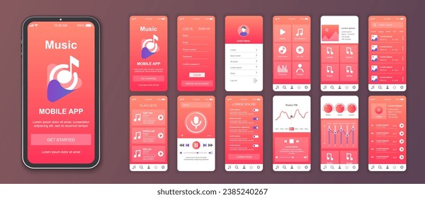 Music mobile app interface screens template set. Online account, playlist, song collection, player, equalizer settings, album search. Pack of UI, UX, GUI kit for application web layout. Vector design.