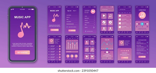 Music mobile app interface screens template set. Account login, settings, song collection, playlists, player and equalizer, radio. Pack of UI, UX, GUI kit for application web layout. Vector design.