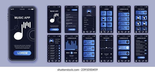 Conjunto de plantillas de pantallas de la interfaz de aplicaciones móviles de música. Inicio de sesión de cuenta, configuración, lista de reproducción, seguidores de cantantes, reproductor de audio, radiodifusión. Paquete de interfaz de usuario, UX, kit de interfaz de usuario para diseño web de aplicaciones. Diseño de vectores.