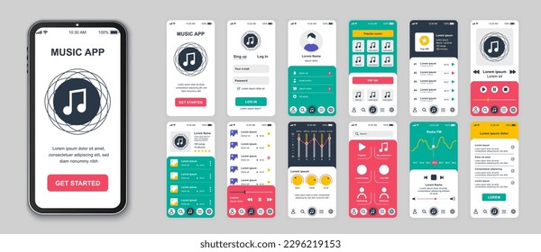 Music mobile app screens set for web templates. Pack of login, songs playlist, audio player, equalizer, settings, streaming and other mockups. UI, UX, GUI user interface kit for layouts. Vector design