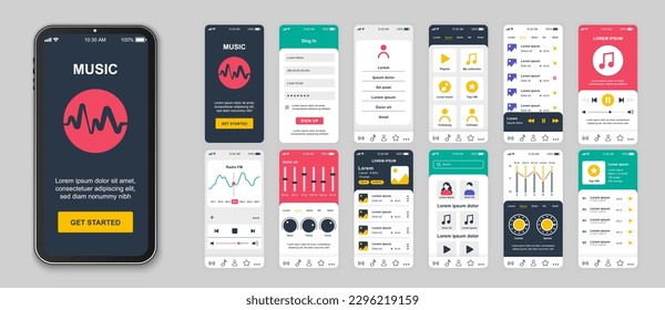 Music mobile app screens set for web templates. Pack of login account, playlist, audio player, equalizer, settings, radio and other mockups. UI, UX, GUI user interface kit for layouts. Vector design