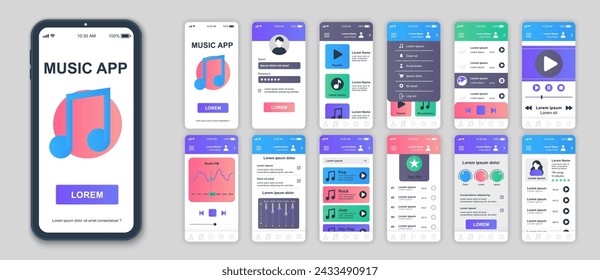 Music mobile app screens set for web templates. Pack of profile login, album playlists, online audio player, equalizer settings. UI, UX, GUI user interface kit for cellphone layouts. Vector design