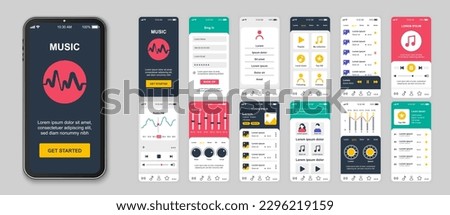 Music mobile app screens set for web templates. Pack of login account, playlist, audio player, equalizer, settings, radio and other mockups. UI, UX, GUI user interface kit for layouts. Vector design