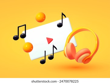 Music mobile player. Online music streaming concept. 3D cartoon render design