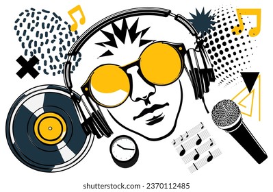 Music modern collage with microphone, disco sphere, dj element for club party poster. Pop art composition with sound