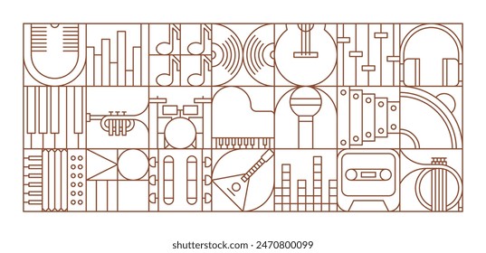 Music modern geometric pattern of musical instruments in line tiles, vector background. Music geometric mosaic pattern of guitar and piano, jazz trumpet and tape cassette, vinyl disc and microphone