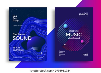 Music modern poster design with abstract wave and lines. Electronic sound cover for concert, festival. a4 vector template.