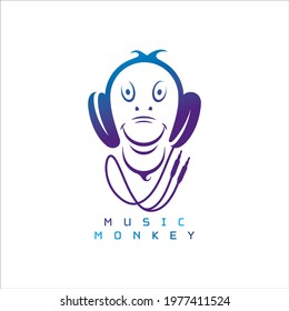 Music Monkey Vector Logo with Headphones on Years with Big Smile.