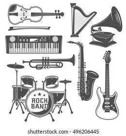 Music monochrome elements set with violin and harp synthesizer quitar percussions and saxophone isolated vector illustration