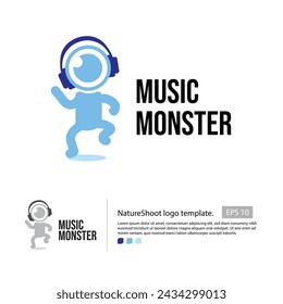 Music monster logo template with, a doodle monster with one big eye and headphone as a logo for your studio or app logo.