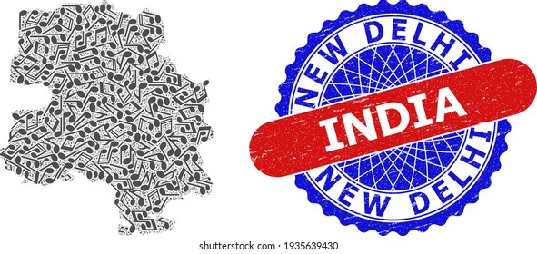 Music Mosaic for New Delhi City Map and Bicolor Scratched Seal Stamp