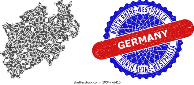 Music Mosaic for North Rhine-Westphalia Land Map and Bicolor Scratched Stamp Badge