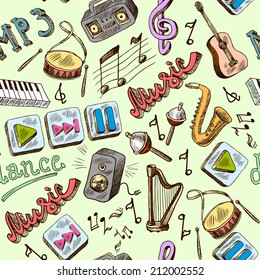 Music mp3 doodles seamless pattern with piano play pause color icons vector illustration