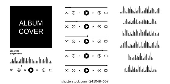 Interfaz de reproductor de música mp3 con marco de portada de álbum, botones, barra de progreso y ecualizador. Creador simple de plantillas de pistas de canciones con elementos. Diseño de reproducción de audio en aplicación móvil. Ilustración plana del vector