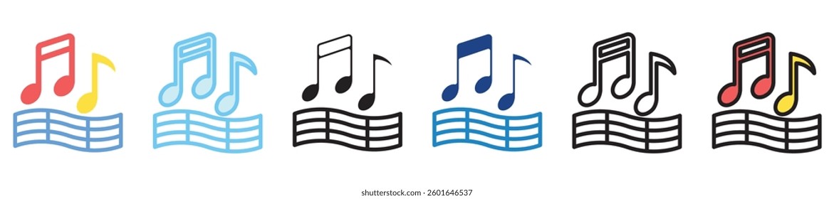Music multi style, mini illustration icon set. outline, flat, glyph, line color, UI, UX, app and web, digital or print. vector EPS 10 related to education, kindergarten, kids and baby.