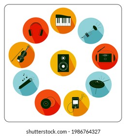 Iconos multicolores de música gráficos vectoriales en un fondo blanco