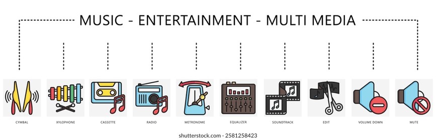 Music, multimedia, entertainment set icon, contain cymbal, xylophone, cassette, equalizer, metronome, soundtrack, volume, radio and more. vector EPS 10. use for print, UI, UX, app and web development.